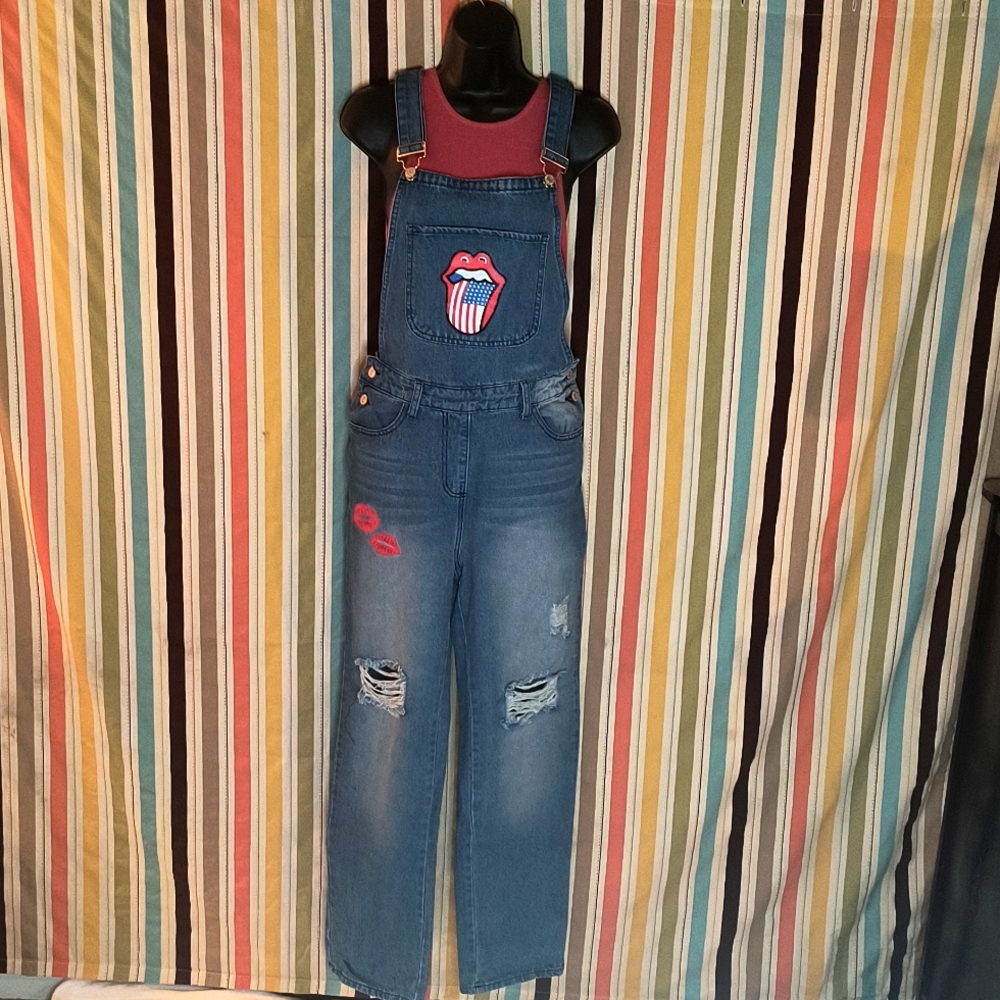 MISSLOOK Denim Overalls with Rolling Stone Logo